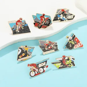 Detail of 8 sport-themed enamel pins featuring motorcycle and cycling racing designs