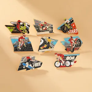 Set of 8 colorful enamel sport lapel pins featuring racing bikes and skateboards