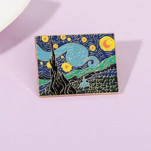 Detailed macro view of Van Gogh Starry Night enamel pin badge on a purple background