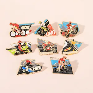Flat lay of colorful sports enamel pins featuring racing motorcycles and skateboards