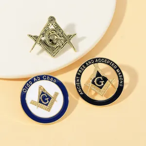 Detail of Freemasonry metal enamel badges showing ornate Masonic symbols and gold plating
