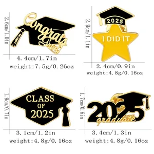 Detailed view of 2025 graduation enamel pins showing dimensions and alloy metal weights