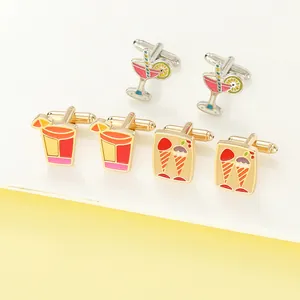 Detail of luxury enamel cufflinks featuring colorful cocktails and ice cream designs
