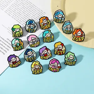 Collection of sixteen MBTI cartoon enamel pins on a vintage aesthetic background