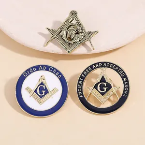 Macro detail of Freemasonry lapel pins featuring square and compass symbols in metal