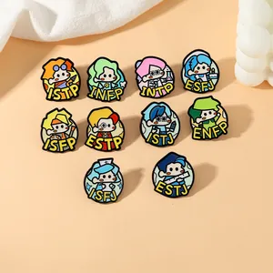 Collection of ten colorful MBTI personality enamel pins with cute cartoon designs
