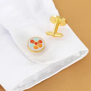 Classic men's French shirt cufflinks with colorful enamel floral patterns in gold plating