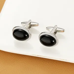 Gemelli da Uomo Business Ovali con Pietra Nera Lega Placcata Argento Bordo Texturizzato Gioielli Classici per Camicia Francese Abito Accessori
