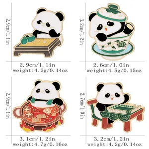 Enamel panda pins featuring Chinese cultural themes like hotpot and mahjong