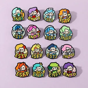Detailed set of 16 MBTI enamel pins featuring cute cartoon characters and personality types