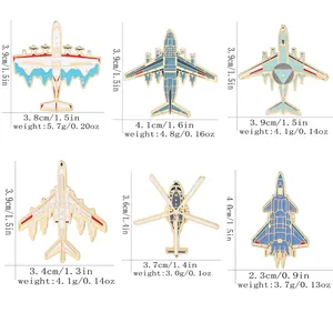 Set of six aircraft lapel pins including fighter jets and helicopters in gold alloy finish