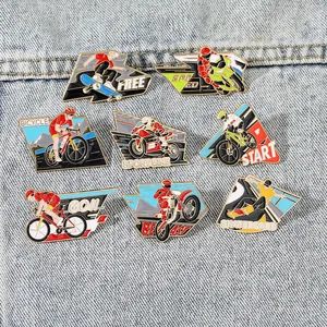 Set of 8 enamel pins featuring skateboard, motocross, and mountain bike sports designs