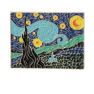 Artistic Van Gogh Starry Night enamel pin badge with elegant golden metallic borders