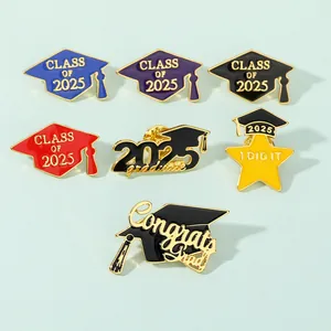 Detailed set of seven colorful 2025 graduation enamel pins with gold trim and motifs