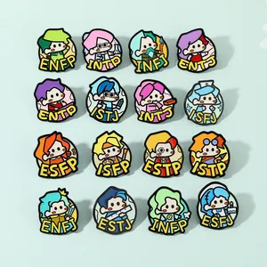 Detailed grid of 16 MBTI personality enamel pins featuring cute cartoon characters