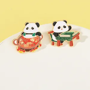 Detailed enamel panda pins set showing cute panda eating hotpot and playing mahjong scenes