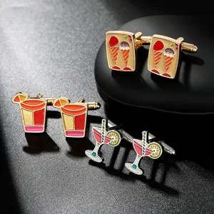 Detailed macro view of creative beverage cufflinks featuring ice cream and cocktail designs