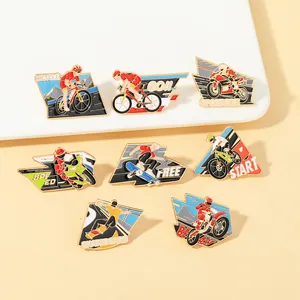 Macro detail of enamel sports pins set featuring bikes and motorcycles for backpack decor