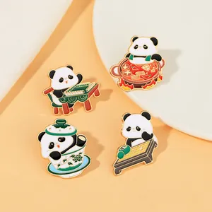Detailed enamel pins set featuring pandas playing mahjong and eating hot pot