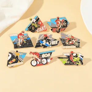 Close-up of eight diverse sports enamel pins featuring motorbikes, bikes and skateboards