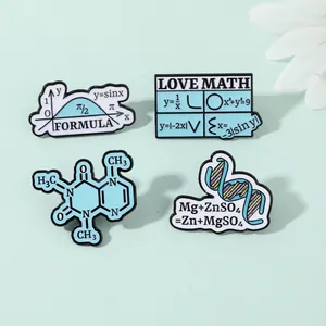 Macro detail of four enamel science pins featuring math formulas and chemical structures