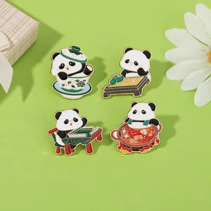 Cute Cartoon Giant Panda Enamel Pin Alloy Brooch Chinese Style Mahjong Hot Pot Tea Cup Design Souvenir Jewelry Badge For Backpack