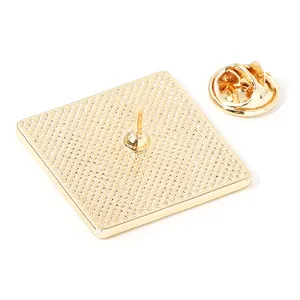 Back view of cute oil painting square metal brooch with gold plated pin and clutch
