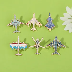 Detailed view of six enamel pins featuring various fighter jets and military helicopters