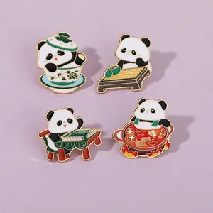 Set of four panda enamel pins featuring tea, chess, mahjong, and hotpot scenes