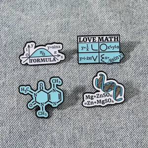 Set of four science and math enamel pins featuring DNA, formulas, and chemistry symbols