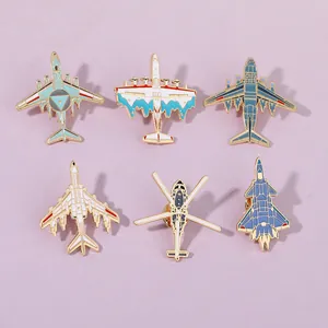 Collection of six different aviation enamel pins featuring jet fighters and helicopters