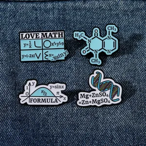 Set of four science-themed enamel pins featuring DNA, math graphs, and chemical formulas