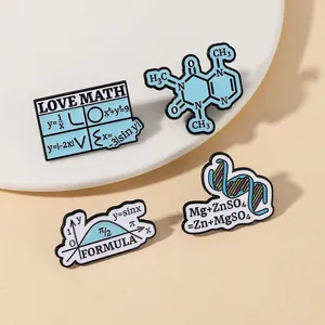 Macro detail of 4 science enamel pins with math formulas and DNA helix on white disk