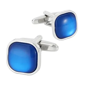 Men's square silver cufflinks with blue crystal inlay for professional business attire