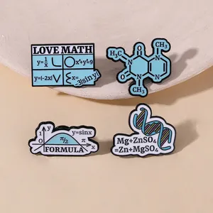Macro detail of science enamel pins featuring math formulas and caffeine molecular structures