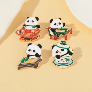 Detailed view of four cute panda enamel pins featuring Sichuan hotpot and mahjong themes