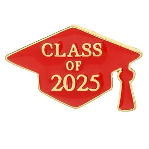 Class of 2025 graduation cap brooch in red enamel with gold finish metal trim