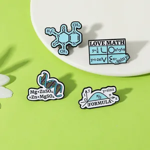 Detailed enamel pins featuring science themes like DNA, caffeine, math formulas, and sine waves
