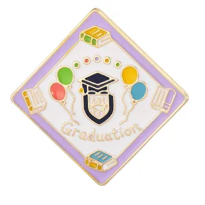 Rhombus enamel graduation brooch with school cap and books in purple and gold