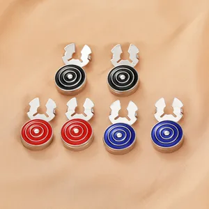 Detailed set of six round cufflinks in black red and blue with textured metal finish