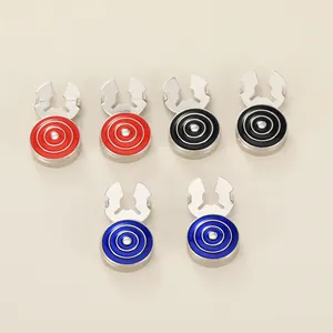 Detailed close-up of metallic enamel golf hat clips in red, black, and blue sets