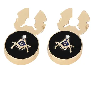Boutons de manchette maçonniques dorés avec émail noir et symbole compas et équerre