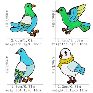Variety of colorful pigeon enamel pins showing dimensions and weights for each bird badge