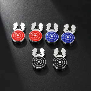Detailed view of six round geometric cufflinks featuring colorful enamel bullseye patterns