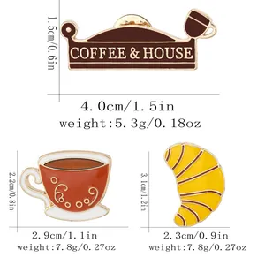 Dreiteiliges Kaffee- und Croissant-Emaille-Anstecknadel-Set mit goldenem Metallrand