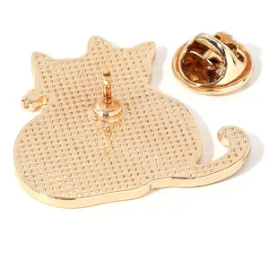 Golden zinc alloy cat silhouette brooch with butterfly clutch and textured metal back