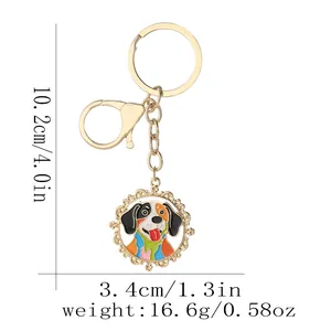 Detailed view of alloy keychain with dog pendant showing measurements and weight specs
