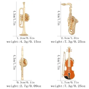 Set of golden music instrument brooches including saxophone, trumpet, and violin