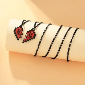 Pixel hart hanger ketting set met Best Friend gravure in rood en zwart metaal