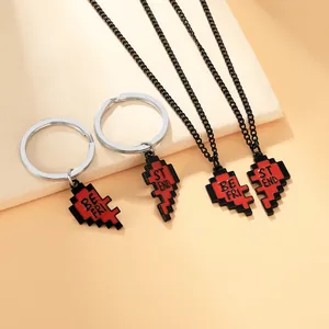 Pixel hart hanger ketting en sleutelhanger set voor beste vrienden met rood emaille